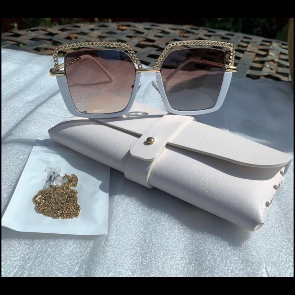 Sunglasses Women White Square Half Frame + Case + Gold Chain Metal Tea Lenses